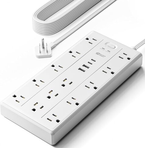 SUPERDANNY 10Ft Extension Cord with Multiple Outlets, Flat Plug Power Strip | 2100J, 13AC 2 USB C 2 USB A Charging Ports, Surge Protector, Desk Charging Station, Home Office, College Dorm Room Essentials in Saudi Arabia