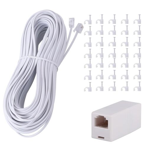 Phone Extension Cord 100FT Long Phone Cable Line Wire, with Standard RJ11 Plug andIncludes Telephone Inline Coupler RJ11 Splitter and 35Cable Clip Holders, White in Kuwait