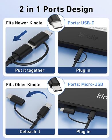 2in1 Micro to USB C Tablet Charger Cable Replacement for Amazon Kindle Fire | Compatible with Fire HD 6/7/8/10,Kids, Oasis, Paperwhite, TV Stick, Android devices, 6FT Micro USB to Type C Adapter included in Saudi Arabia