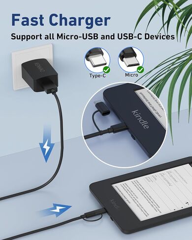 2in1 Micro to USB C Tablet Charger Cable Replacement for Amazon Kindle Fire | Compatible with Fire HD 6/7/8/10,Kids, Oasis, Paperwhite, TV Stick, Android devices, 6FT Micro USB to Type C Adapter included in Saudi Arabia