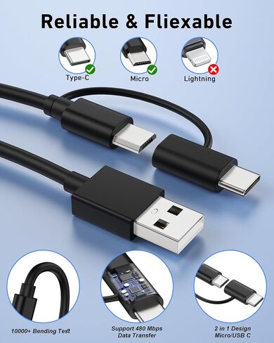 2in1 Micro to USB C Tablet Charger Cable Replacement for Amazon Kindle Fire | Compatible with Fire HD 6/7/8/10,Kids, Oasis, Paperwhite, TV Stick, Android devices, 6FT Micro USB to Type C Adapter included in Saudi Arabia