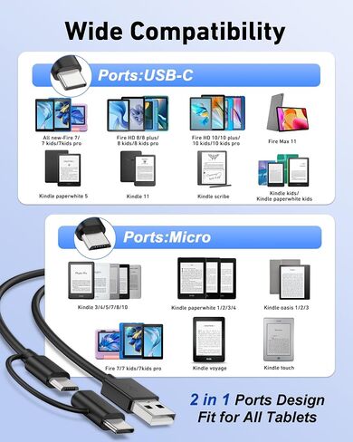 2in1 Micro to USB C Tablet Charger Cable Replacement for Amazon Kindle Fire | Compatible with Fire HD 6/7/8/10,Kids, Oasis, Paperwhite, TV Stick, Android devices, 6FT Micro USB to Type C Adapter included in Saudi Arabia