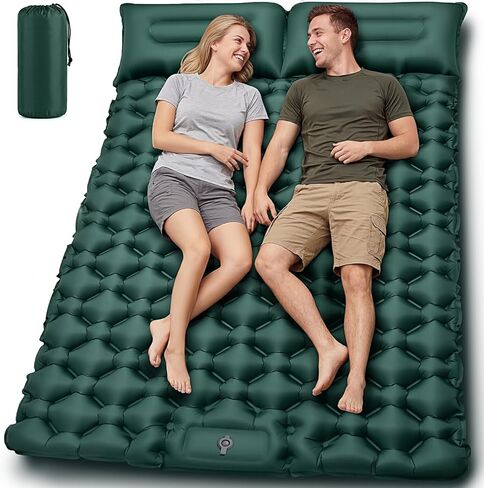 Double Camping Sleeping Pad, 4" Extra Thick 2 Person Inflatable Sleeping Pad with Built-in Foot Pump & Pillow, Self Inflating Camping Mattress for Tent, Backpacking, Hiking, Travel, RV（Dark Green） in Saudi Arabia