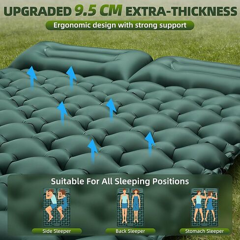 Double Camping Sleeping Pad, 4" Extra Thick 2 Person Inflatable Sleeping Pad with Built-in Foot Pump & Pillow, Self Inflating Camping Mattress for Tent, Backpacking, Hiking, Travel, RV（Dark Green） in Saudi Arabia