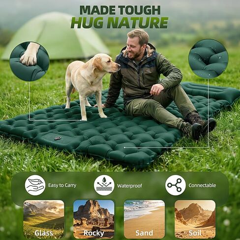 Double Camping Sleeping Pad, 4" Extra Thick 2 Person Inflatable Sleeping Pad with Built-in Foot Pump & Pillow, Self Inflating Camping Mattress for Tent, Backpacking, Hiking, Travel, RV（Dark Green） in Saudi Arabia