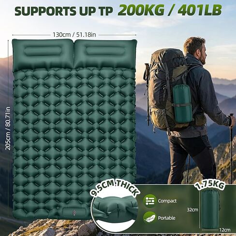 Double Camping Sleeping Pad, 4" Extra Thick 2 Person Inflatable Sleeping Pad with Built-in Foot Pump & Pillow, Self Inflating Camping Mattress for Tent, Backpacking, Hiking, Travel, RV（Dark Green） in Saudi Arabia