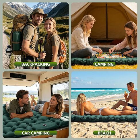 Double Camping Sleeping Pad, 4" Extra Thick 2 Person Inflatable Sleeping Pad with Built-in Foot Pump & Pillow, Self Inflating Camping Mattress for Tent, Backpacking, Hiking, Travel, RV（Dark Green） in Saudi Arabia