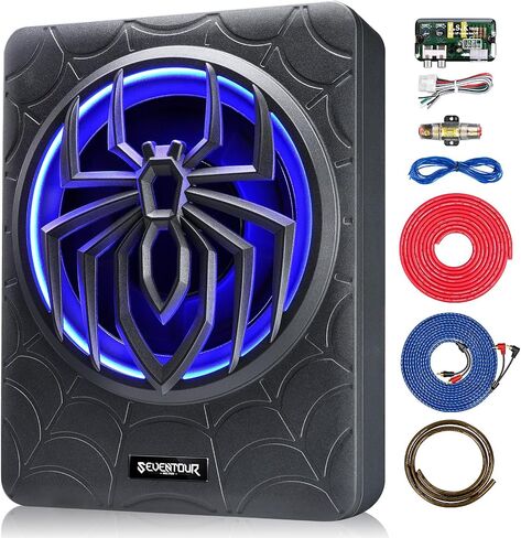 10" 1200W Slim Under Seat Powered Car Subwoofer, Car Sub Built in Amplifier | Car/Truck Audio Sub Built in Amplifier amp Combo Package, with RGB LED Light(Subwoofer + Mounting Wire Kit) in Saudi Arabia
