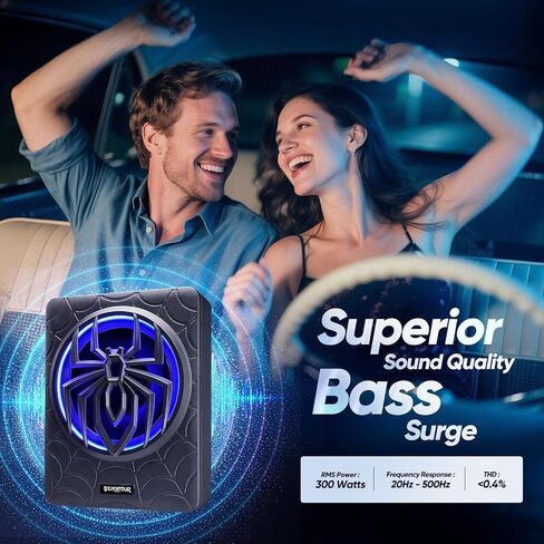 10" 1200W Slim Under Seat Powered Car Subwoofer, Car Sub Built in Amplifier | Car/Truck Audio Sub Built in Amplifier amp Combo Package, with RGB LED Light(Subwoofer + Mounting Wire Kit) in Saudi Arabia