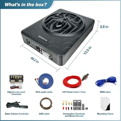 10" 1200W Slim Under Seat Powered Car Subwoofer, Car Sub Built in Amplifier | Car/Truck Audio Sub Built in Amplifier amp Combo Package, with RGB LED Light(Subwoofer + Mounting Wire Kit) in Saudi Arabia