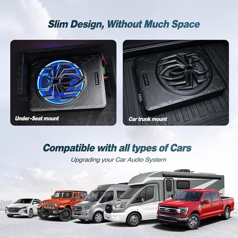 10" 1200W Slim Under Seat Powered Car Subwoofer, Car Sub Built in Amplifier | Car/Truck Audio Sub Built in Amplifier amp Combo Package, with RGB LED Light(Subwoofer + Mounting Wire Kit) in Saudi Arabia