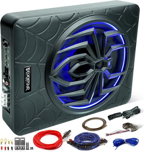10" 1200W Slim Under Seat Powered Car Subwoofer, Car Sub Built in Amplifier | Car/Truck Audio Sub and amp package,with RGB LED Light and Mounting Wire Kit in Kuwait