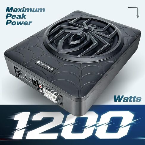 10" 1200W Slim Under Seat Powered Car Subwoofer, Car Sub Built in Amplifier | Car/Truck Audio Sub and amp package,with RGB LED Light and Mounting Wire Kit in Kuwait