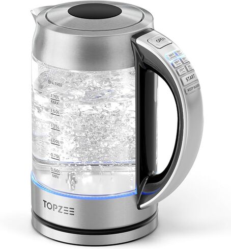 TOPZEE 1.7L Glass Electric Kettle for Coffee & Tea, Hot Water Boiler with 6 Preset Temperatures, Keep Warm and Memory Function, Auto Shut-off & Dry Boil Protection, BPA Free, Rapid Boil, 1500W, Silver in Saudi Arabia