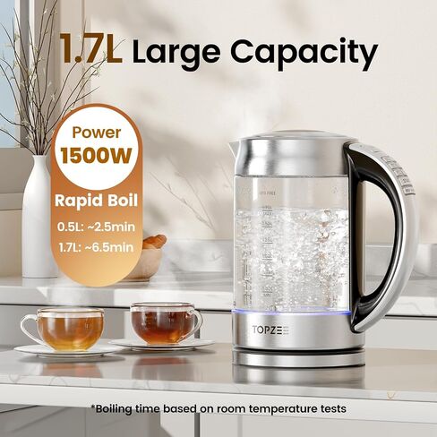 TOPZEE 1.7L Glass Electric Kettle for Coffee & Tea, Hot Water Boiler with 6 Preset Temperatures, Keep Warm and Memory Function, Auto Shut-off & Dry Boil Protection, BPA Free, Rapid Boil, 1500W, Silver in Saudi Arabia
