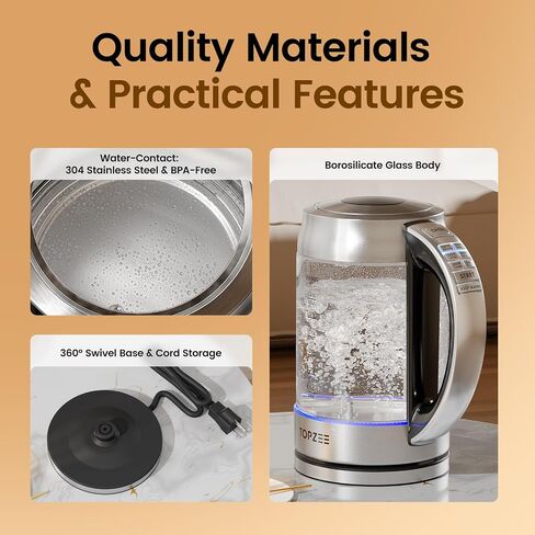 TOPZEE 1.7L Glass Electric Kettle for Coffee & Tea, Hot Water Boiler with 6 Preset Temperatures, Keep Warm and Memory Function, Auto Shut-off & Dry Boil Protection, BPA Free, Rapid Boil, 1500W, Silver in Saudi Arabia