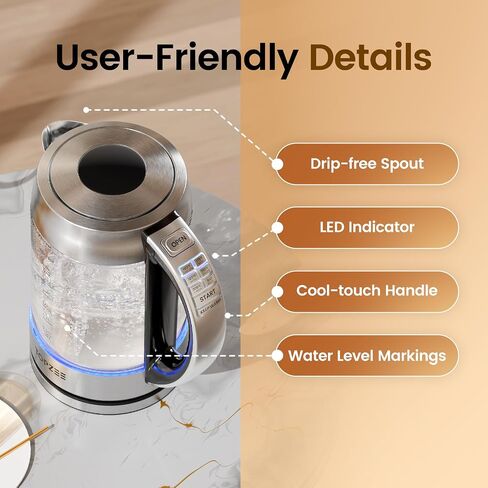 TOPZEE 1.7L Glass Electric Kettle for Coffee & Tea, Hot Water Boiler with 6 Preset Temperatures, Keep Warm and Memory Function, Auto Shut-off & Dry Boil Protection, BPA Free, Rapid Boil, 1500W, Silver in Saudi Arabia