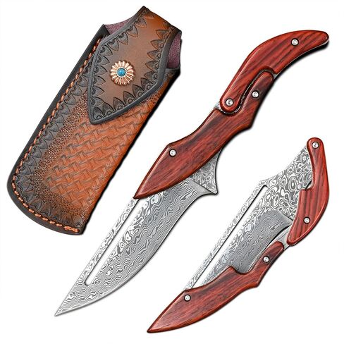 Damascus Steel Folding Knife Pocket Knife Yellow Sandalwood Handle Mechanical Lock Outdoor Camping Survival (Curved blade) in Saudi Arabia
