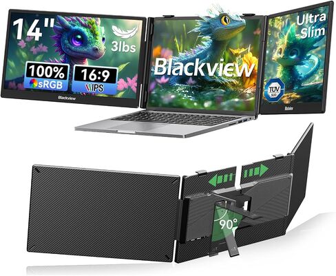 Blackview Laptop Screen Extender, 14" 1080P FHD IPS Triple Portable Monitor, Ultra-Slim Travel Dual Monitor Fit for 13"-17.3" Laptops, USB-C Plug&Play Extended Screen for Windows/Mac/Android/Switch | TÜV SÜD Certified Eye Health Protection - 1080P FHD IPS in Saudi Arabia