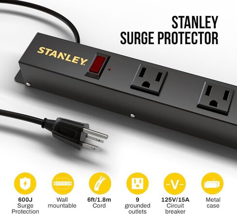 STANLEY SurgeMax Pro Metal Surge Protector Power Strip with 9 Outlets 600J Surge Protection 6 Ft Power Cord Durable Metal Housing Black in Kuwait