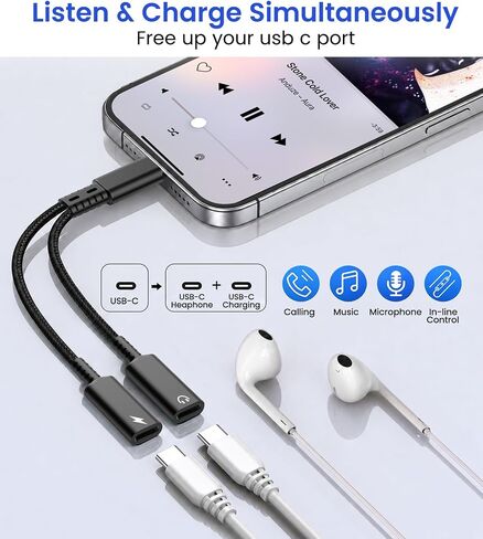 USB C Splitter 1 in 2 Out, Dual USBC Splitter with Charger & Headphone | USB-C Audio Adapter with PD 60W Fast Charging, Type C Dongle Cable for Apple iPhone 15 16 17/iPad Pro/Pixel/Galaxy in Saudi Arabia