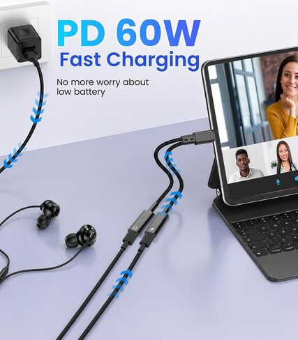 USB C Splitter 1 in 2 Out, Dual USBC Splitter with Charger & Headphone | USB-C Audio Adapter with PD 60W Fast Charging, Type C Dongle Cable for Apple iPhone 15 16 17/iPad Pro/Pixel/Galaxy in Saudi Arabia