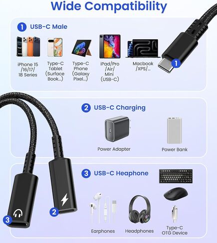 USB C Splitter 1 in 2 Out, Dual USBC Splitter with Charger & Headphone | USB-C Audio Adapter with PD 60W Fast Charging, Type C Dongle Cable for Apple iPhone 15 16 17/iPad Pro/Pixel/Galaxy in Saudi Arabia