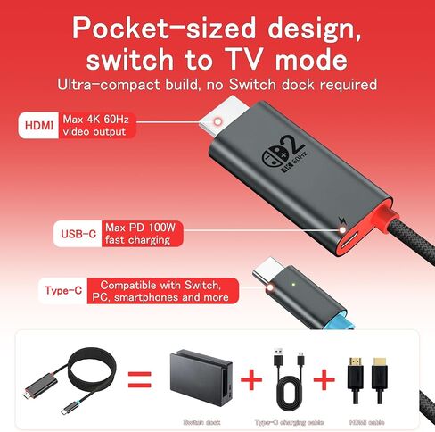 for Switch 2 Dock HDMI Adapter, 4K@60Hz TV Output, PD 100W USB-C Fast Charging, Type-C to HDMI Cable Compatible with Switch 2/OLED/Steam Deck/ROG Ally/Laptops/Phones in Saudi Arabia