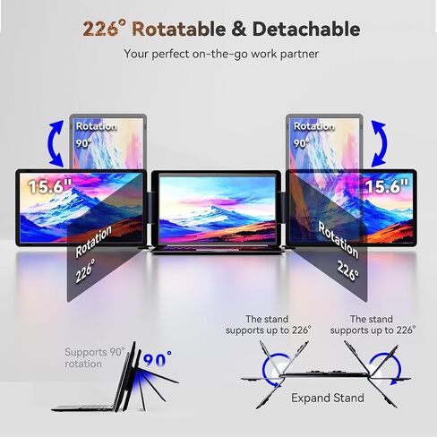 Laptop Screen Extender 15.6" Detachable Portable Monitor for Windows | Triple Screen Laptop Monitor Extender for 13-17.3" MacBook (excl. M1 M2 M3) FHD IPS Plug&Play for Travel Business Watch Party in Saudi Arabia