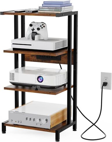 X-cosrack AV Media Stand with Power Strips,4-Tier Stereo Cabinet Audio Rack,Game Console Shelf with Adjustable Shelves,Small Entertainment Center with Larger Tabletop for PS5 Xbox TV Box DVD Players in Saudi Arabia