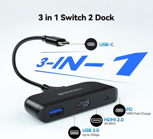 NEWDERY Switch 2 Dock, Portable TV Docking Station with 4K@60HZ HDMI | 100W PD Port, USB-C USB-A Converter 5Gbps, 3-in-1 Travel Dock Compatible with NS/NS 2/Steam Deck/ROG Ally/Legion GO in Saudi Arabia