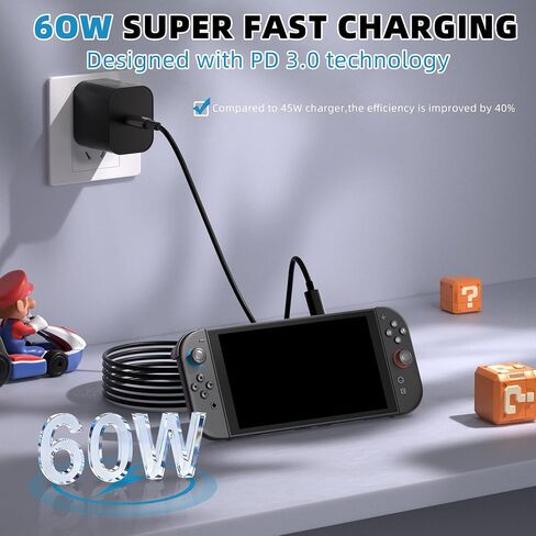 Switch 2 Charger, 60W AC Power Adapter for Nintendo 2/1 | USB-C Cable 5FT/1.5M, PD 3.0 Fast Charging 20V/3A, Dock TV 4K Support, Replacement OEM Switch Charger in Saudi Arabia
