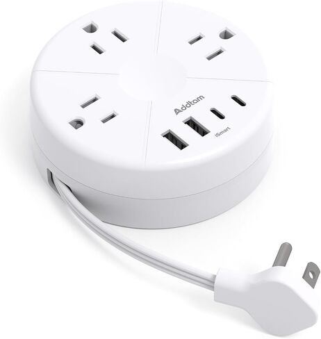 Travel Esstentials - Cruise Approved Power Strip with 5ft Retractable Cord | Ultra Thin Flat Plug, Addtam 3 Outlets 4 USB (2 USB C), Non Surge Protector for Travel/Cruise/Home/Dorm/Office, ETL Listed in Saudi Arabia