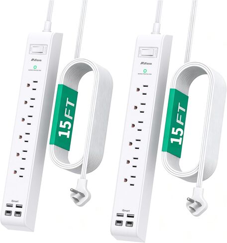 Mifaso 2 Pack Power Strip، سلك تمديد طويل 12FT، 1080J Surge Protector | 6 تيار متردد و4 منافذ USB (2 USB C)، حماية من الحمل الزائد بقابس مسطح، عالي التحمل، محطة شحن مثبتة على الحائط للمنزل والمكتب وكلية النوم in Kuwait