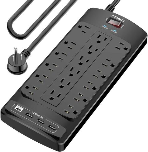 18 Outlets Surge Protector Power Strip - 6 Feet Flat Plug Heavy Duty Extension Cord with 18 Widely Outlets and 4 USB Ports, 2100 Joules, Black, ETL Listed in Saudi Arabia