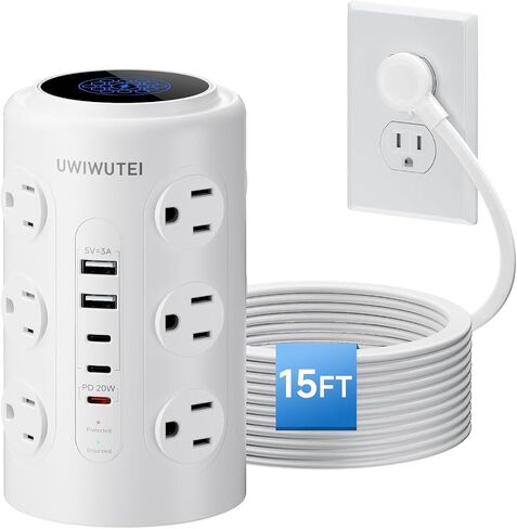 Tower Power Strip with 1 Dedicated PD 20W Fast-Charging Port, 12 Outlets, 5 USB Ports (3 USB-C), Desk Charging Station for Multiple Devices,10FT Extension Cord, Home Office Essentials in Saudi Arabia