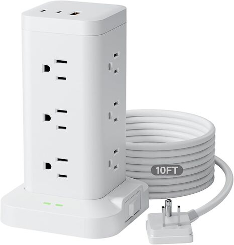 Power Strip Tower with Surge Protector 1800J, Fast Charging Tower PD20W USB-C Ports with 12 AC Outlets, Extension Cord for Home Office Dorm Room, 10ft, White in Kuwait