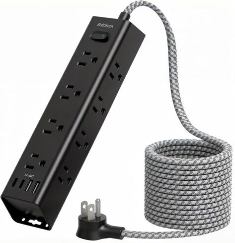 Surge Protector Power Strip - 10 FT Extension Cord with 12 AC Outlets 4 USB | Flat Plug Power Strip Wall Mount Overload Protection, 1050J, Desk Charging Station for Home Dorm Room Office, ETL Listed in Saudi Arabia