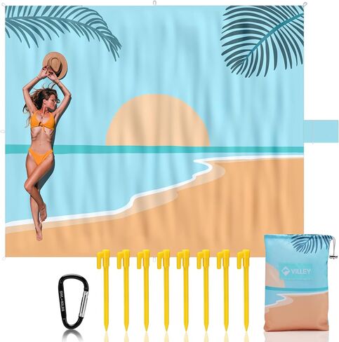 VILLEY Beach Blanket Waterproof Sandproof, 128"x108" Extra Large Beach Mat | Oversized Beach Blanket for 6-8 Adults, with 8 Stakes & 4 Corner Pockets, Outdoor Beach Accessories for Travel, Camping in Saudi Arabia