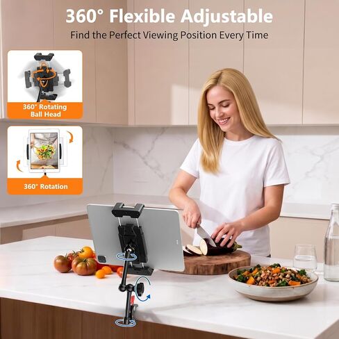 Multi-Scene Universal Tablet Stand, 360° Adjustable Phone Holder for Desk, Metal Crab Clamp with Sturdy Aluminum Arm for 4.7"-13.5" Kindle, iPad Pro/Air/Mini, iPhone, for Stroller Treadmill Golf Cart in Kuwait