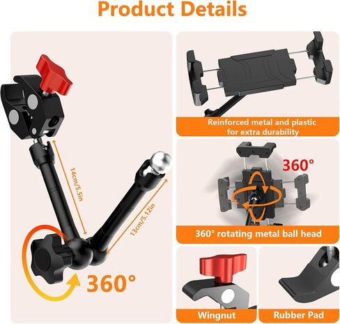 Multi-Scene Universal Tablet Stand, 360° Adjustable Phone Holder for Desk, Metal Crab Clamp with Sturdy Aluminum Arm for 4.7"-13.5" Kindle, iPad Pro/Air/Mini, iPhone, for Stroller Treadmill Golf Cart in Kuwait