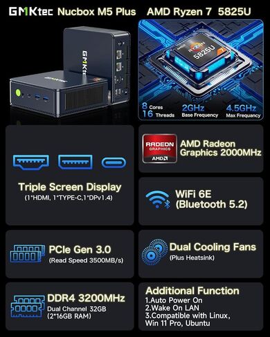 GMKtec M5S Gaming PC Mini Desktop Computer Ryzen 5400U 16GB DDR4 512GB SSD | Upgradable RAM For Business Office Personal Use, Triple Screen HDMI DP Type-C Support, AMD Radeon Graphics, WIFI 6E, BT5.2 in Kuwait