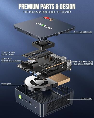 GMKtec M5S Gaming PC Mini Desktop Computer Ryzen 5400U 16GB DDR4 512GB SSD | Upgradable RAM For Business Office Personal Use, Triple Screen HDMI DP Type-C Support, AMD Radeon Graphics, WIFI 6E, BT5.2 in Kuwait
