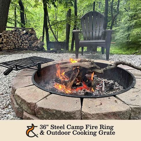 Ash & Ember 36" Steel Fire Pit Ring with Cooking Grate, 15.5" x 19.5" Swivel Grate with Spring Handle, Steel Fire Ring & Campfire Grill Combo for Outdoor Cooking, Durable High-Temp Finish in Kuwait