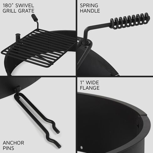 Ash & Ember 36" Steel Fire Pit Ring with Cooking Grate, 15.5" x 19.5" Swivel Grate with Spring Handle, Steel Fire Ring & Campfire Grill Combo for Outdoor Cooking, Durable High-Temp Finish in Kuwait