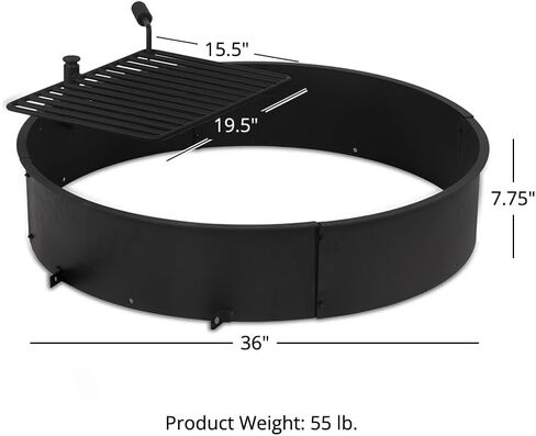 Ash & Ember 36" Steel Fire Pit Ring with Cooking Grate, 15.5" x 19.5" Swivel Grate with Spring Handle, Steel Fire Ring & Campfire Grill Combo for Outdoor Cooking, Durable High-Temp Finish in Kuwait