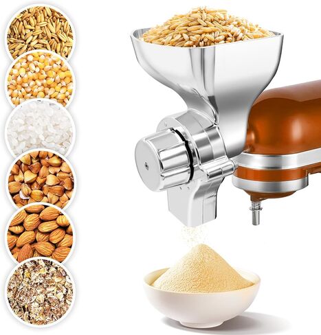 Grain Mill Attachment for KitchenAid Stand Mixers, 12-Level Adjustable | Food-Safe All-Metal, Grinds Wheat, Oats, Corn, Rice, Millet, Coffee Beans, Gluten-free, Non-Oily Dry Grains, Includes Brush in Saudi Arabia