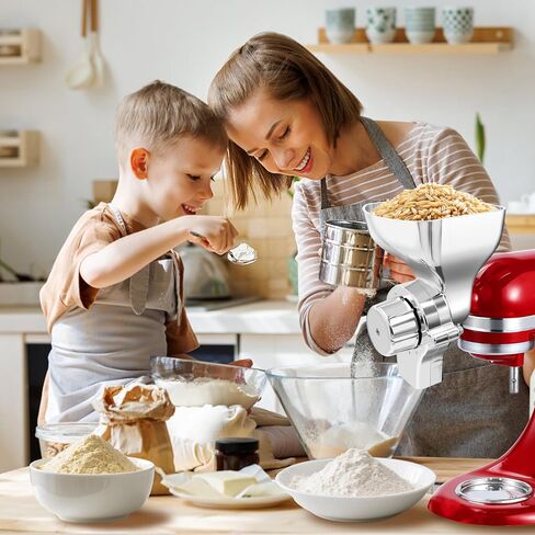 Grain Mill Attachment for KitchenAid Stand Mixers, 12-Level Adjustable | Food-Safe All-Metal, Grinds Wheat, Oats, Corn, Rice, Millet, Coffee Beans, Gluten-free, Non-Oily Dry Grains, Includes Brush in Saudi Arabia