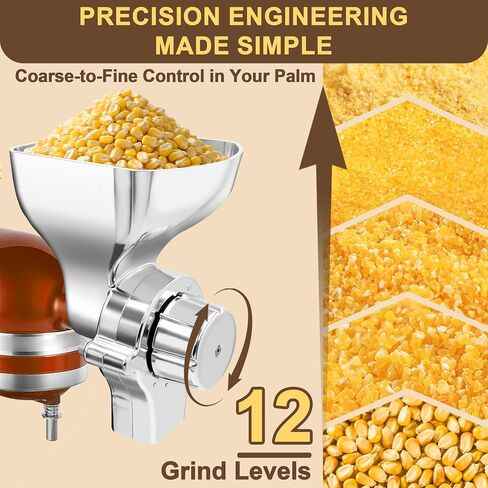Grain Mill Attachment for KitchenAid Stand Mixers, 12-Level Adjustable | Food-Safe All-Metal, Grinds Wheat, Oats, Corn, Rice, Millet, Coffee Beans, Gluten-free, Non-Oily Dry Grains, Includes Brush in Saudi Arabia