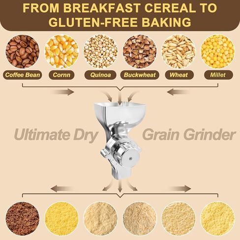 Grain Mill Attachment for KitchenAid Stand Mixers, 12-Level Adjustable | Food-Safe All-Metal, Grinds Wheat, Oats, Corn, Rice, Millet, Coffee Beans, Gluten-free, Non-Oily Dry Grains, Includes Brush in Saudi Arabia